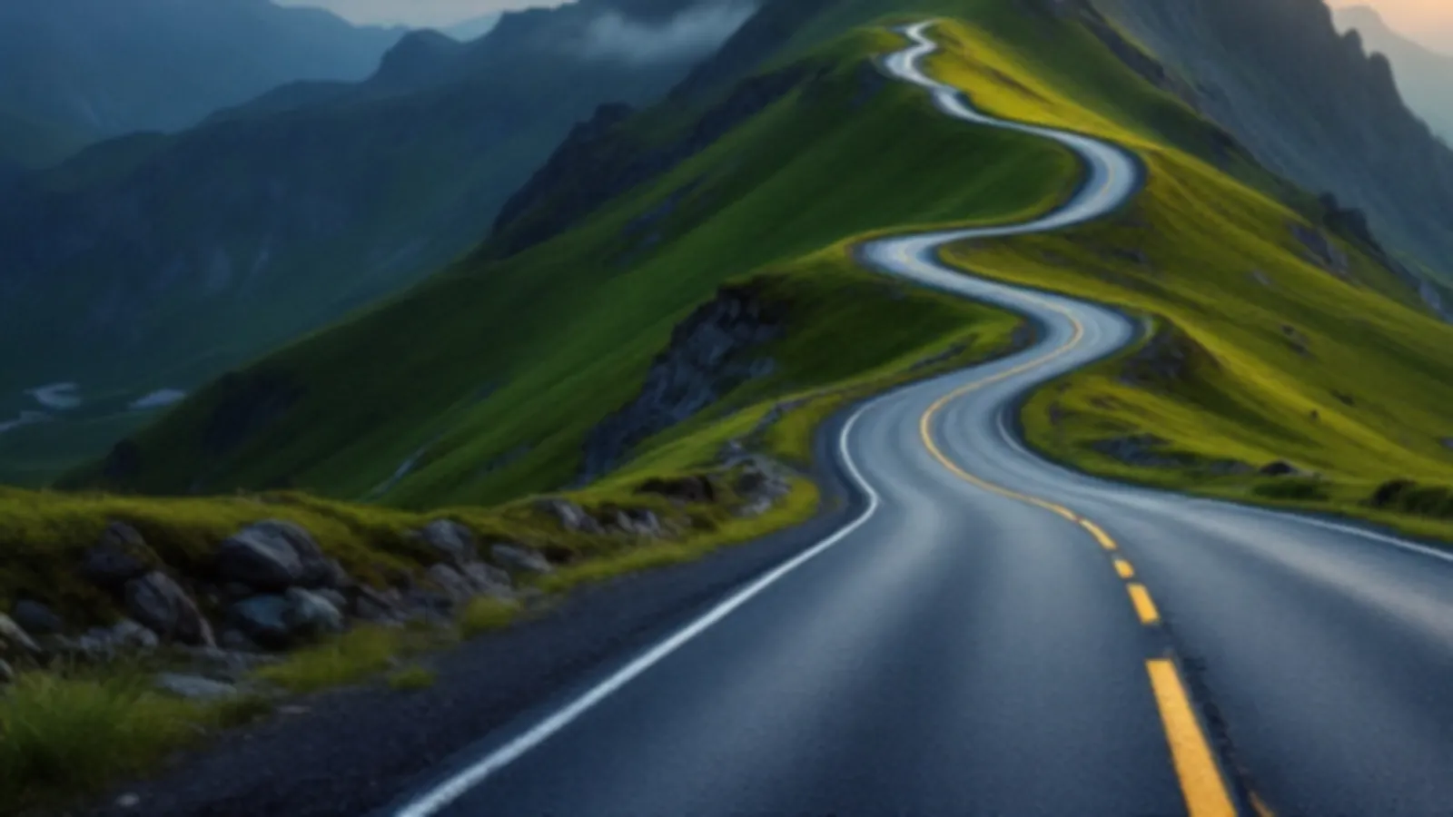 A switchback mountain road climbing a green pass at dusk
